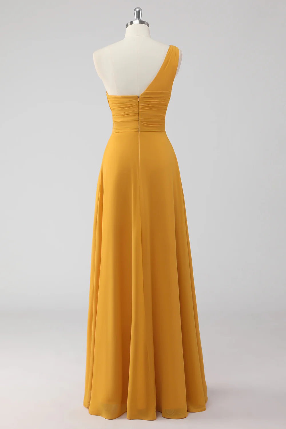 Yellow A Line One Shoulder Ruched Long Bridesmaid Dress with Slit