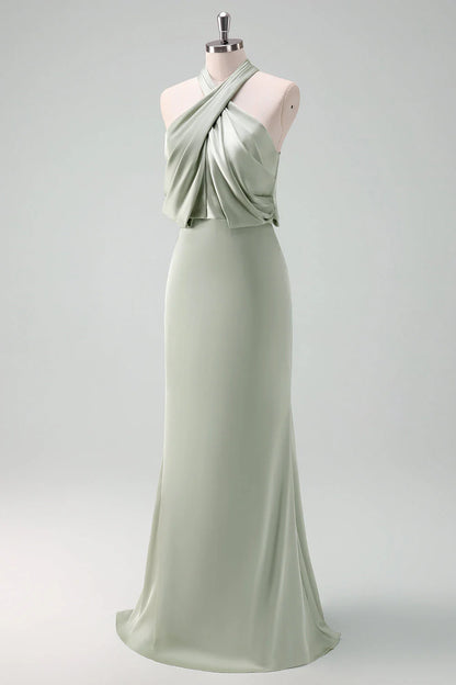 Dusty Sage Sheath Halter Ruched Satin Long Bridesmaid Dress