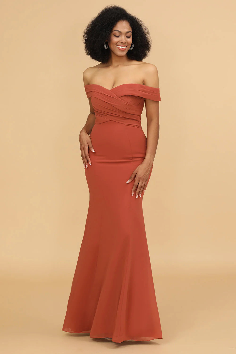 Strapless mermaid off shoulder chiffon long bridesmaid dress