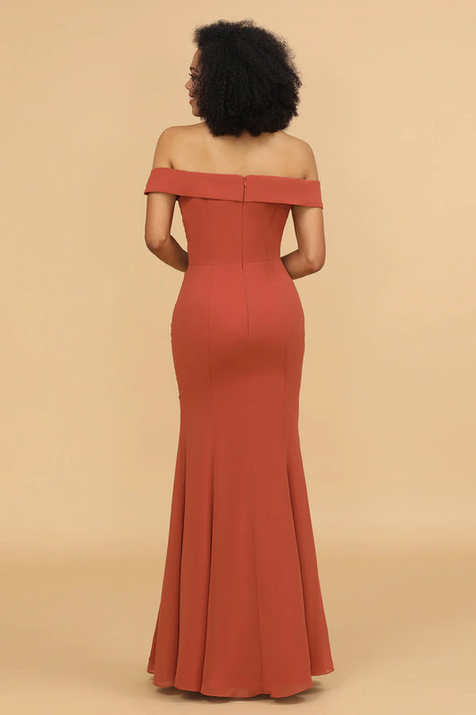 Strapless mermaid off shoulder chiffon long bridesmaid dress