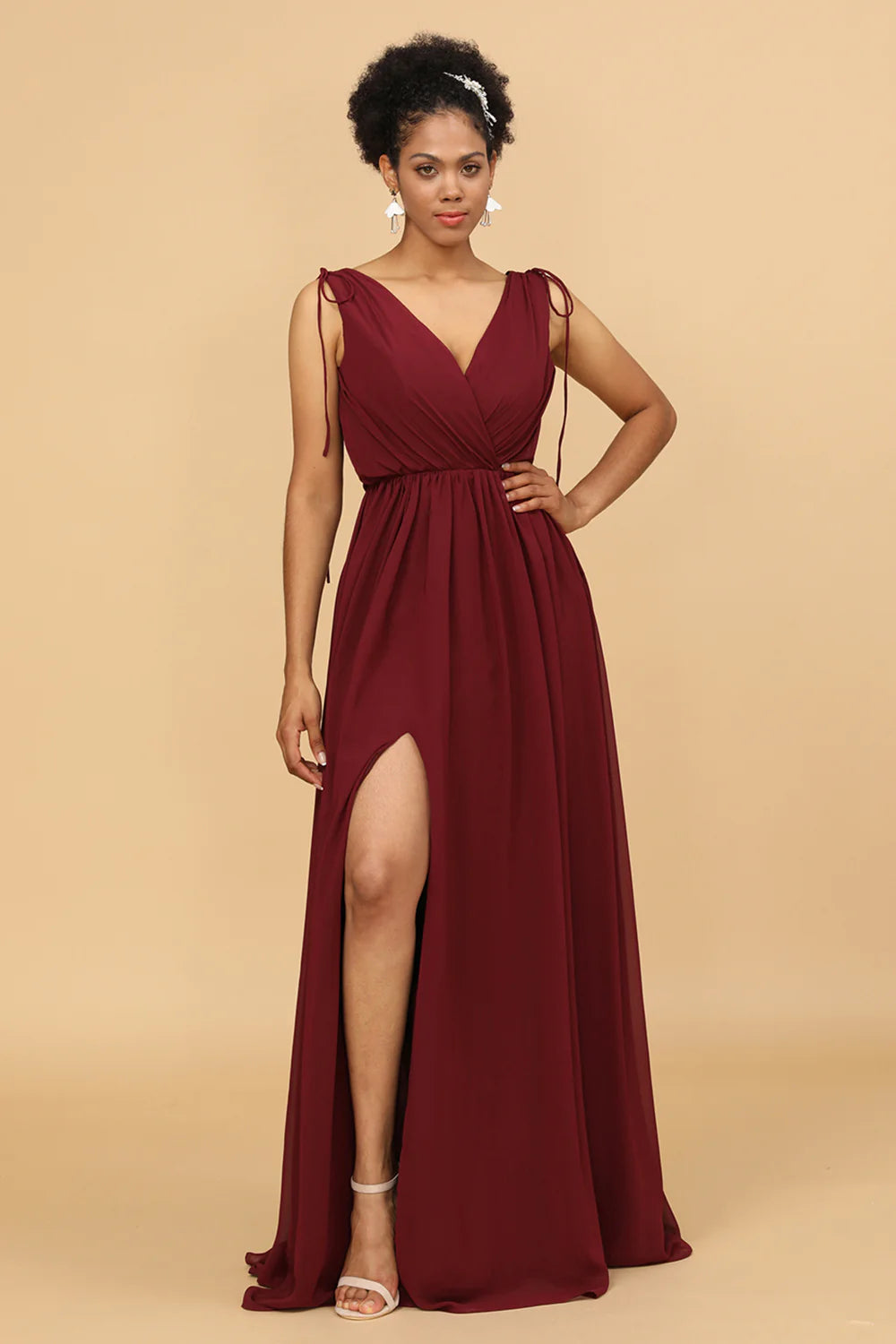 V-neck pleated chiffon bridesmaid dress with side slit