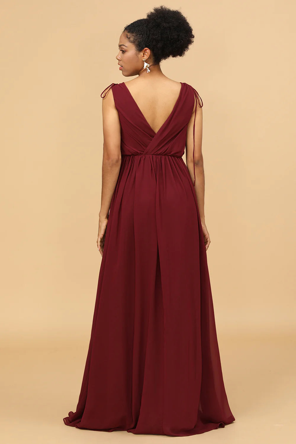 V-neck pleated chiffon bridesmaid dress with side slit
