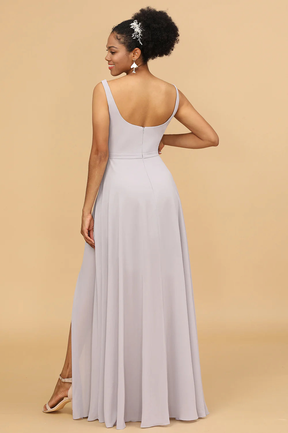 Square neck chiffon bridesmaid dress with side slit