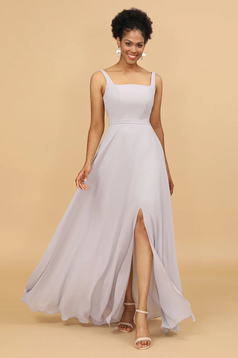 Square neck chiffon bridesmaid dress with side slit