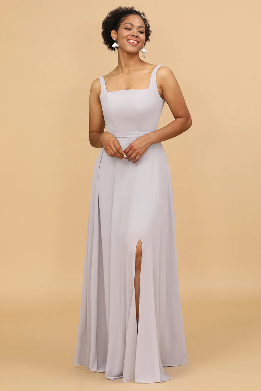 Square neck chiffon bridesmaid dress with side slit