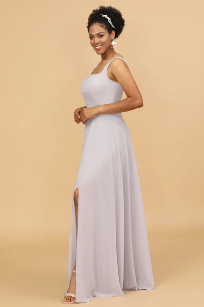 Square neck chiffon bridesmaid dress with side slit