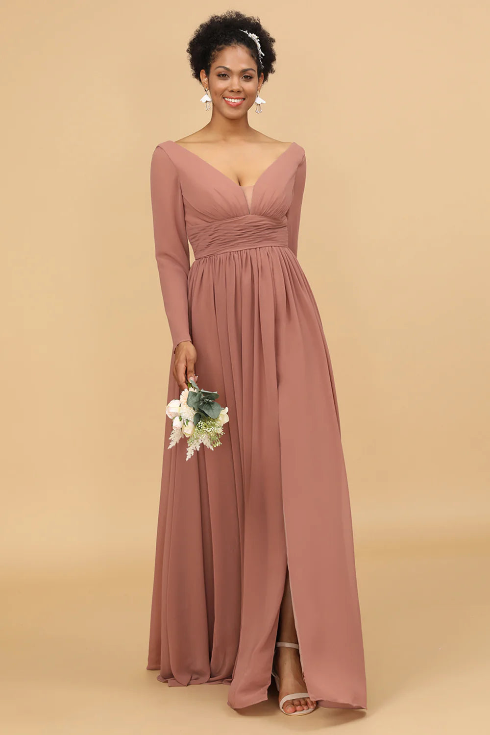 V-neck long sleeved chiffon bridesmaid dress with slit