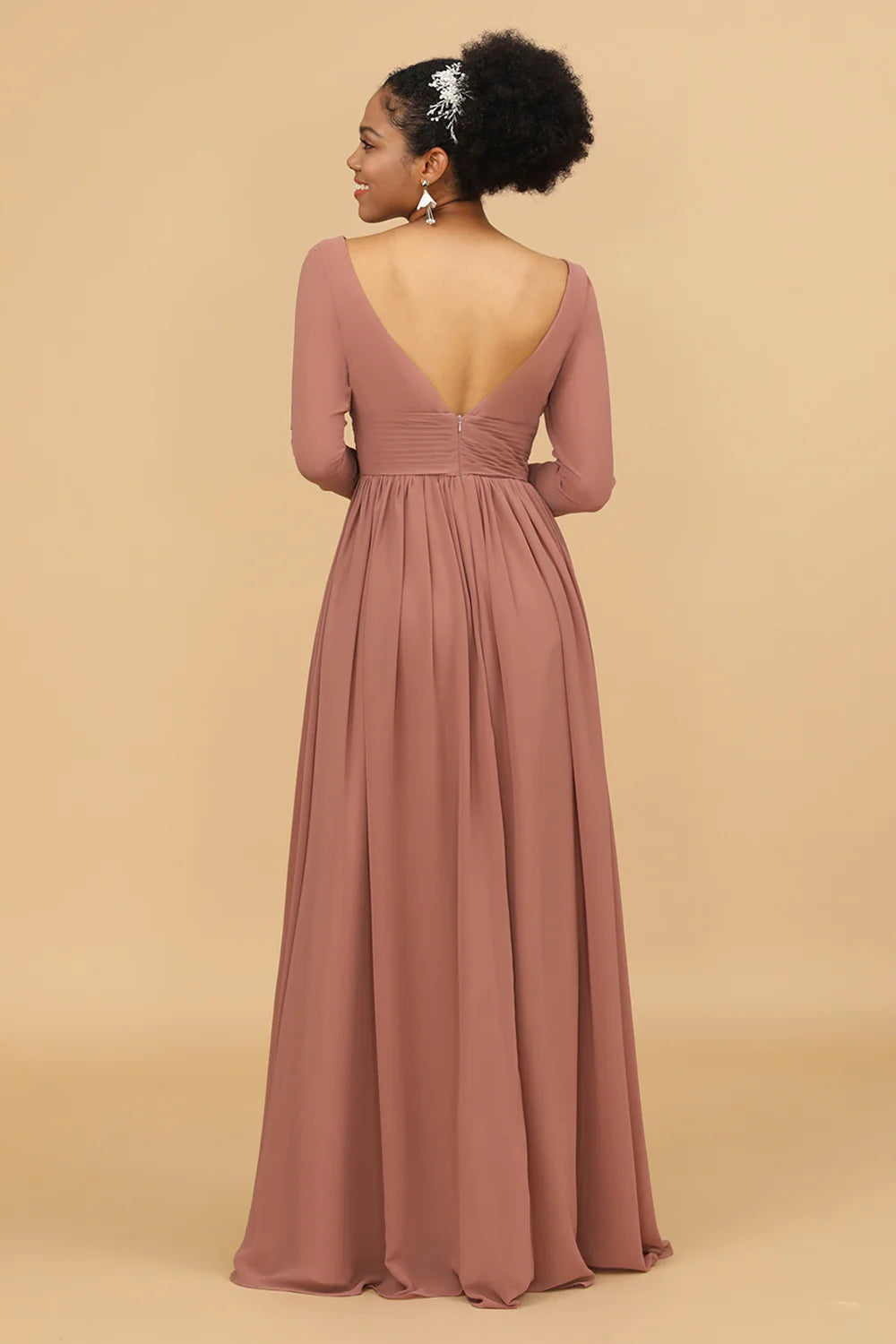 V-neck long sleeved chiffon bridesmaid dress with slit