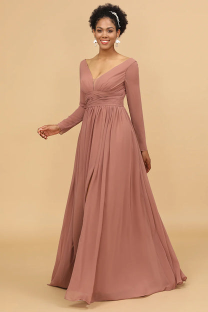 V-neck long sleeved chiffon bridesmaid dress with slit