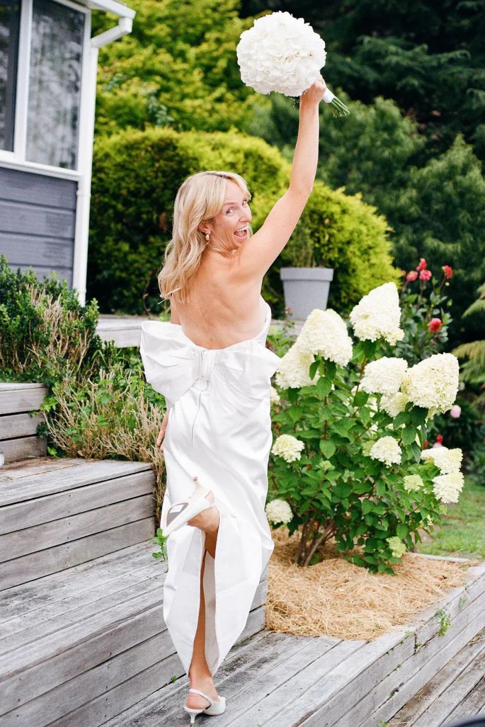 Cute Mermaid Strapless White Satin Floor Length Wedding Dress with Bowknot