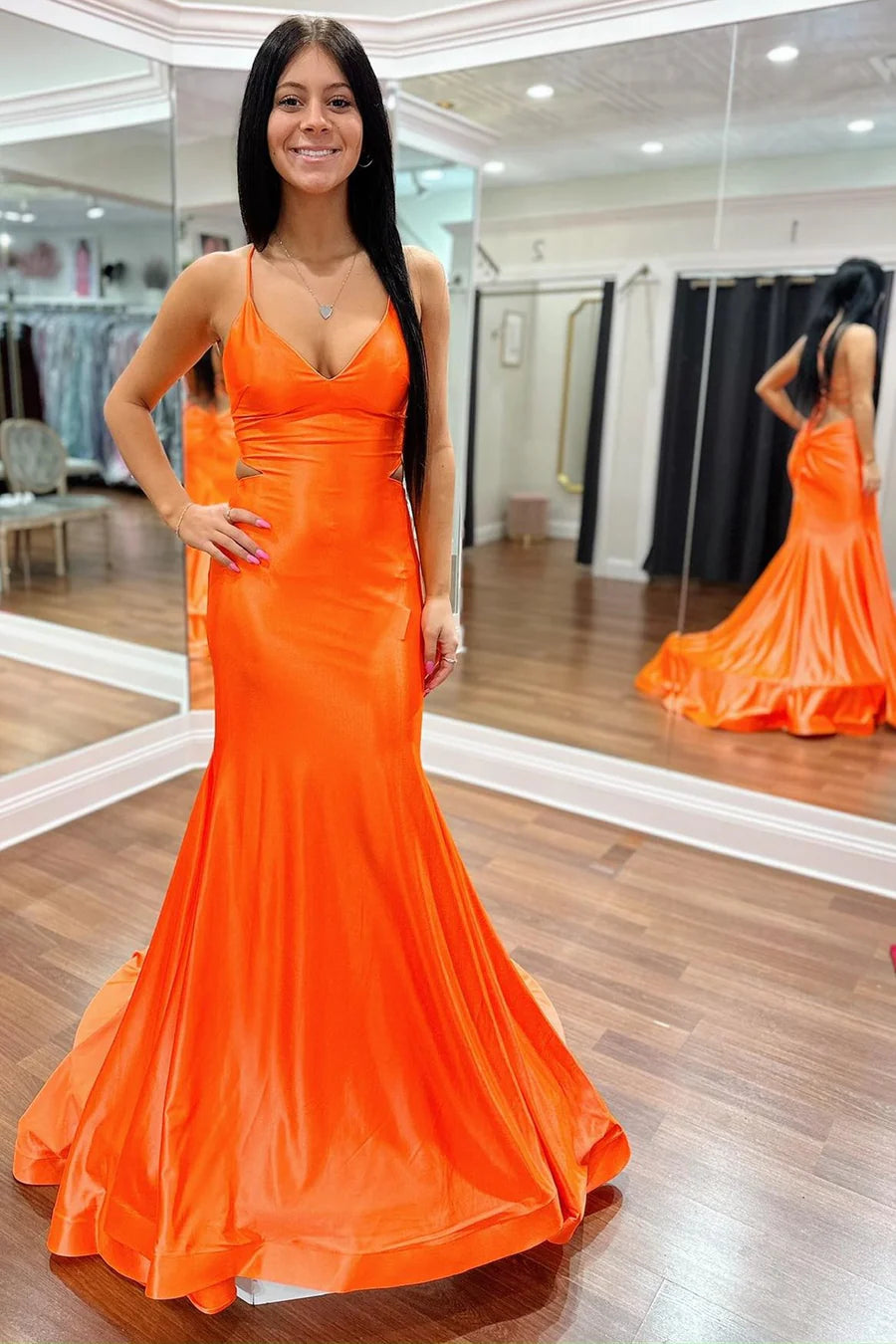 V-neck lace up long formal dress with backless design