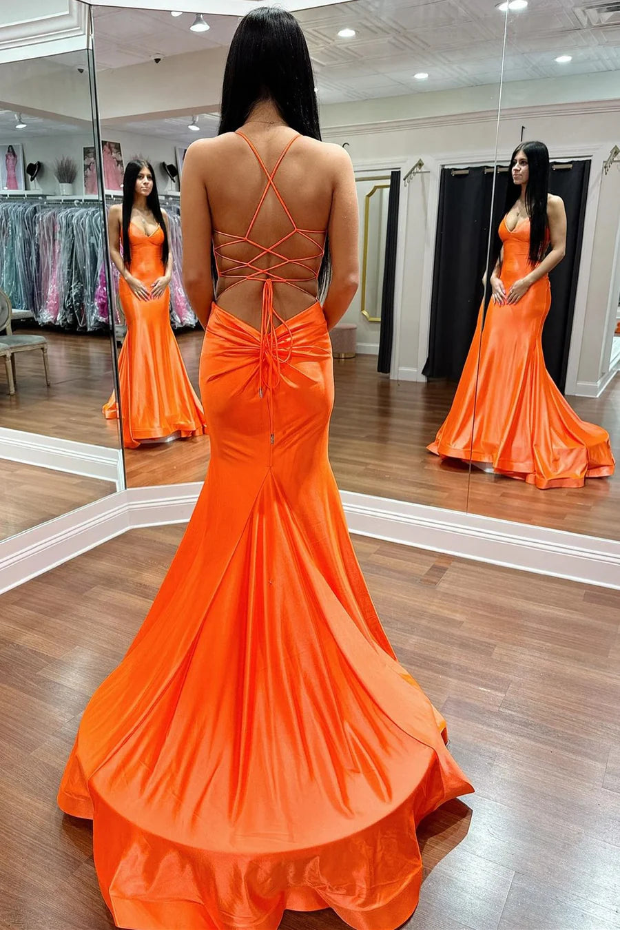 V-neck lace up long formal dress with backless design