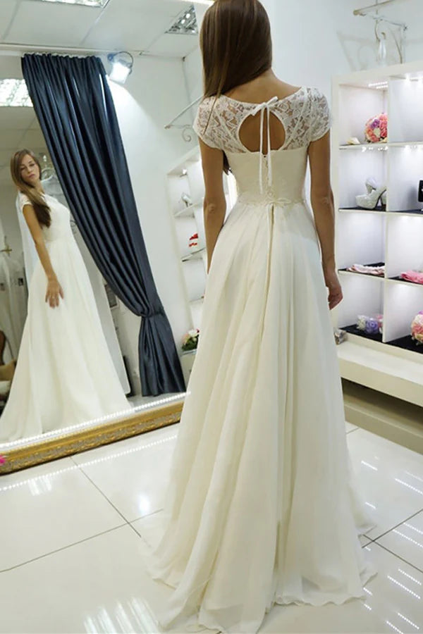 A-line transparent collar short sleeved beach wedding dress