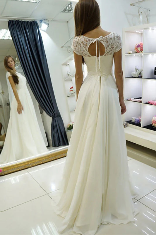 A-line transparent collar short sleeved beach wedding dress