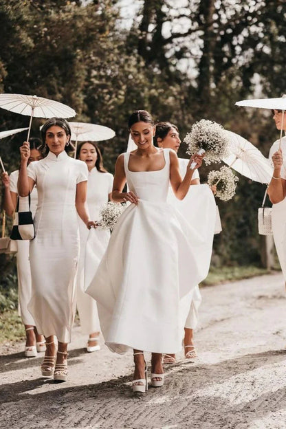 Charming A Line Square Neck White Long Wedding Dress with Button UP