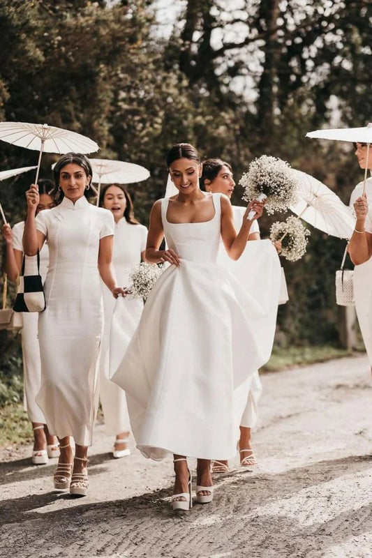 Charming A Line Square Neck White Long Wedding Dress with Button UP