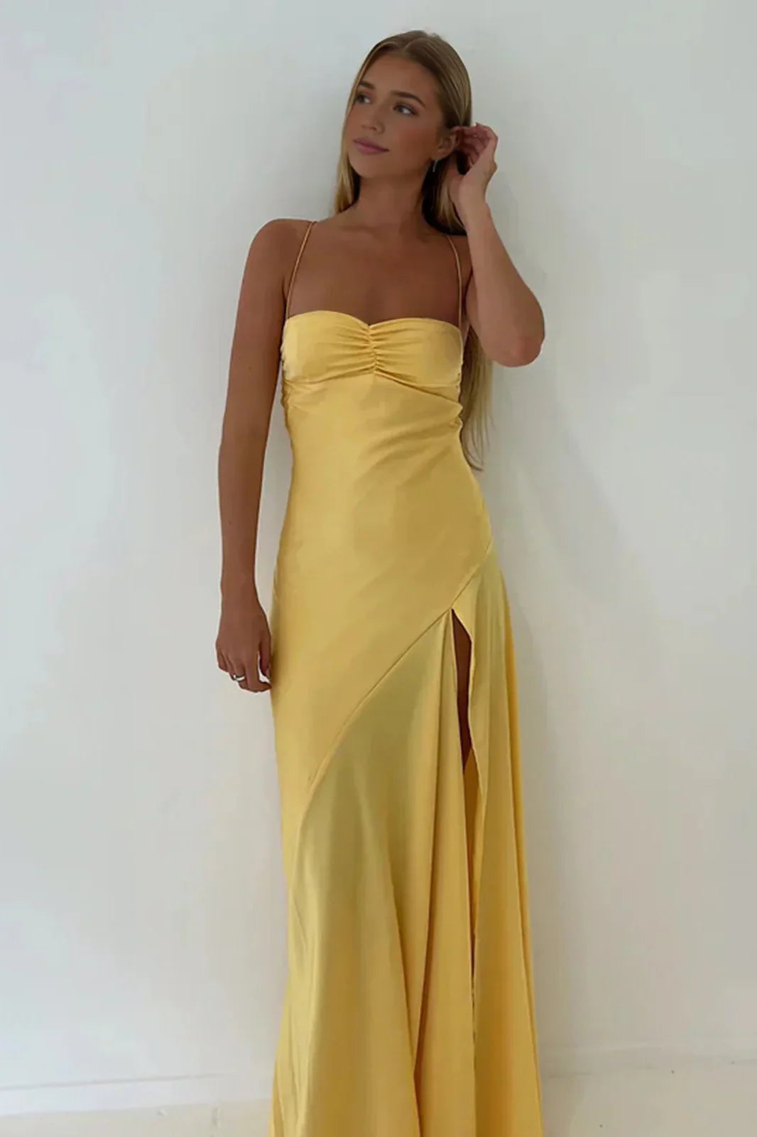 Simple Sheath Spaghetti Straps Pink Long Party Dress with Split Front Prom Dress