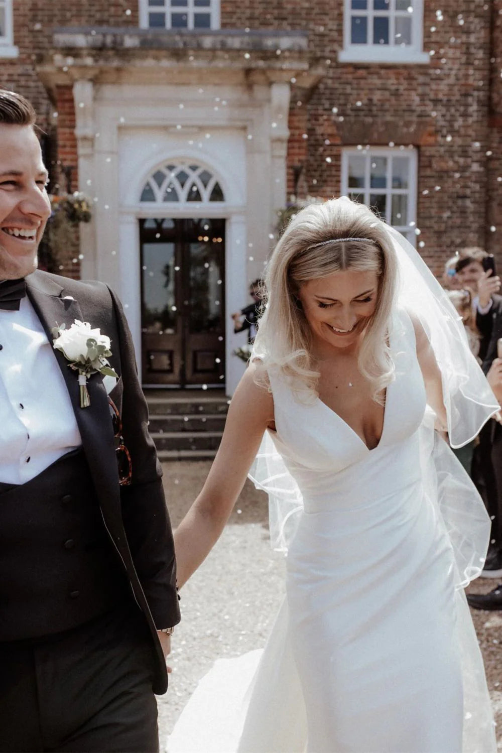 Simple Mermaid Deep V Neck White Satin Long Wedding Dress with Button Up