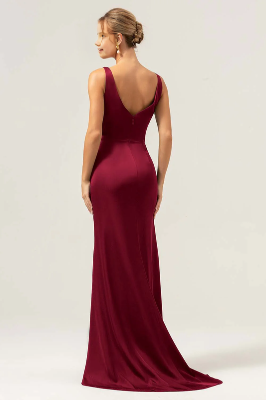 Mermaid V-neck pleated high-low satin bridesmaid dress with slit