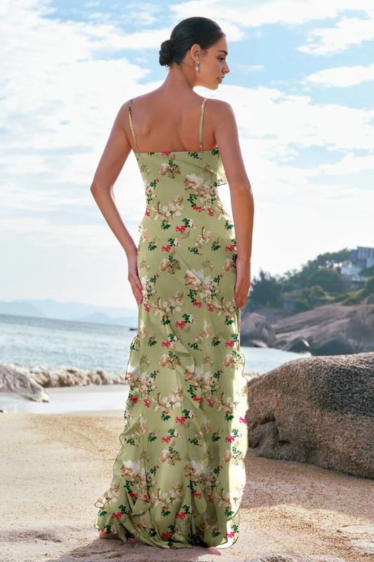 Flower sheath thin suspender lotus leaf edge length bridal dress with slit