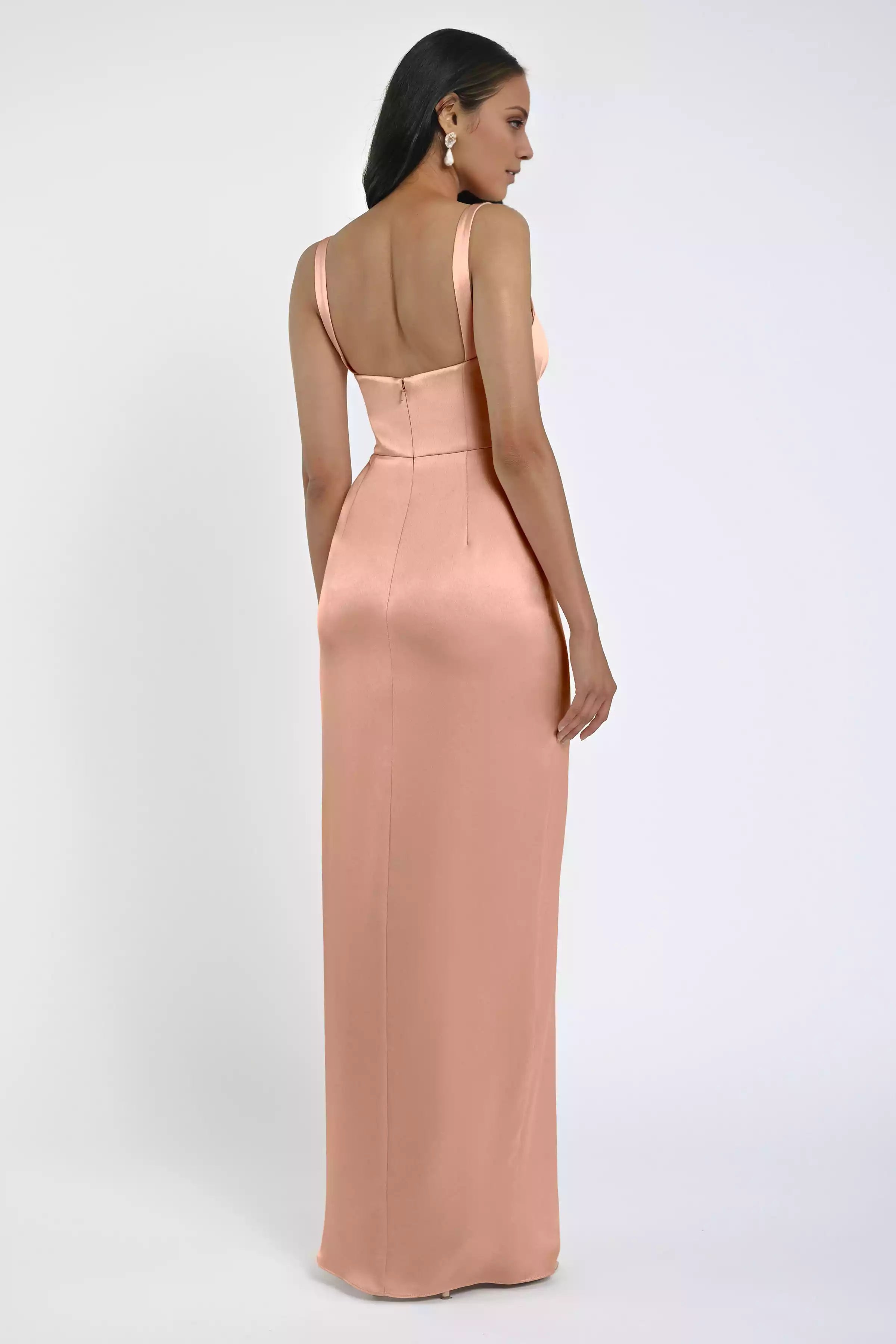 Stunning square neckline, tapered wide shoulder straps, slit tight corset, back mid zip Bridesmaid Dresses