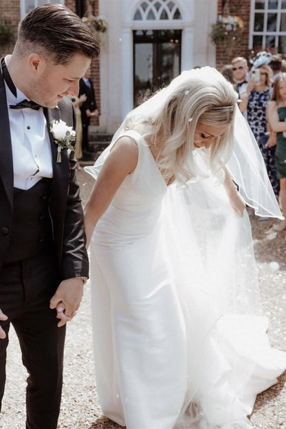 Simple Mermaid Deep V Neck White Satin Long Wedding Dress with Button Up