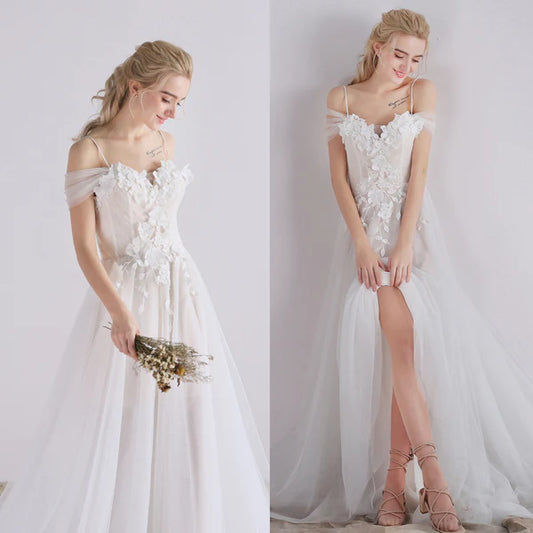 Thin suspender A-line side slit decal beach wedding dress