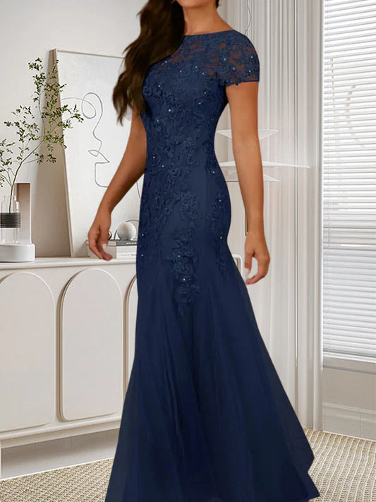 Mermaid round neck sequined chiffon dress long