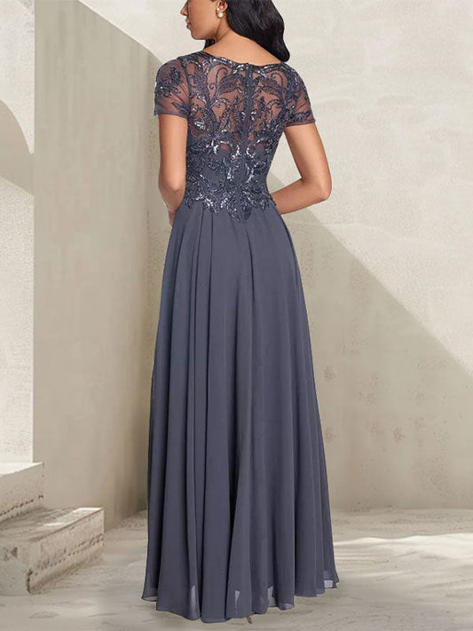 A-line short sleeved long bridal mother dress