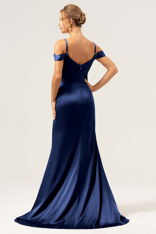Mermaid cold shoulder pleated long satin bridesmaid dress with slit