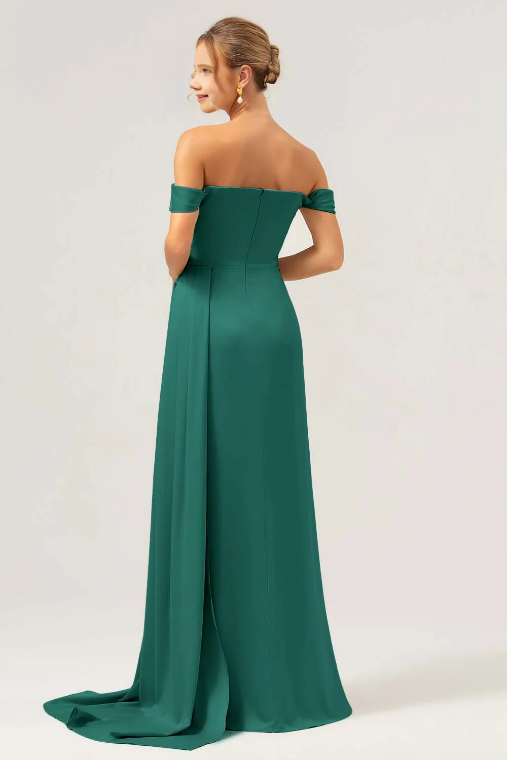 Fashionable mermaid off shoulder pleated satin long bridesmaid dress with slit