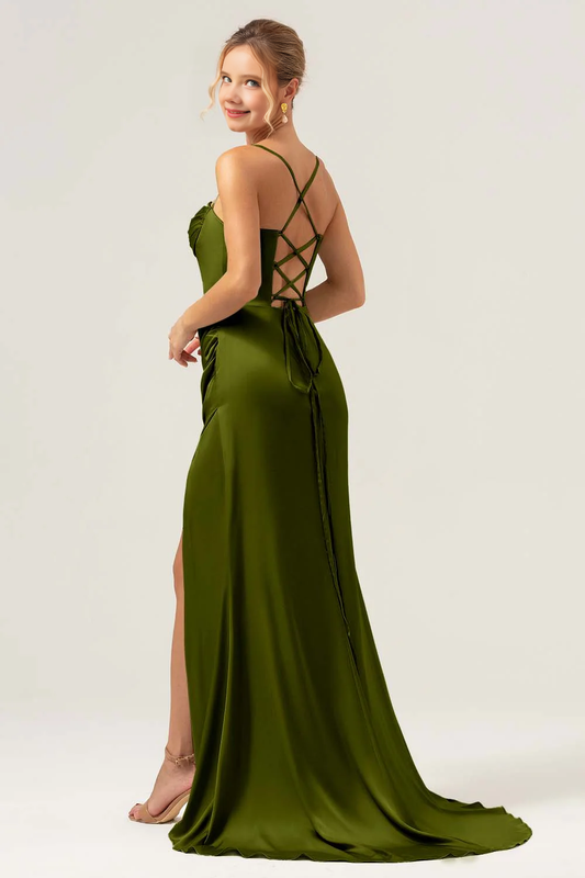 Collar pleated satin bridesmaid dress with slit