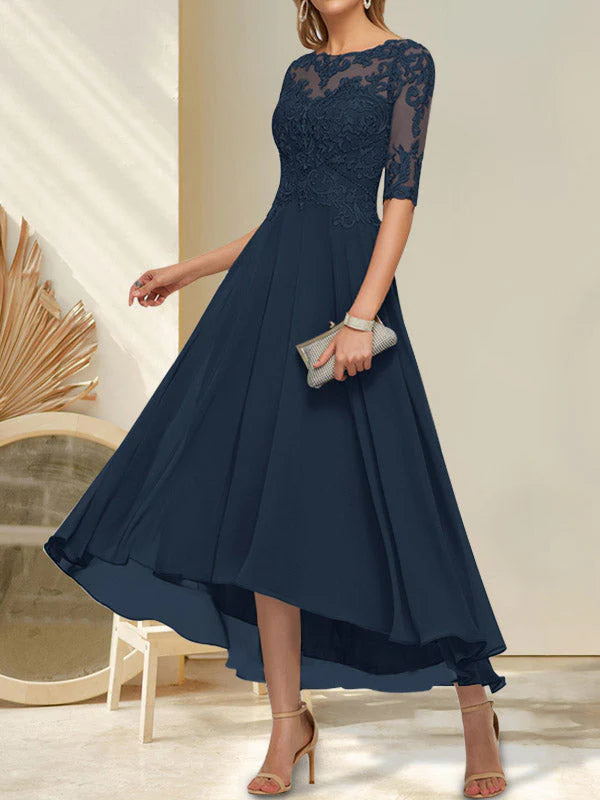 A-line Boat Neck Illusion Asymmetrical Chiffon Lace Mother of the Bride Dress With Sequins Beading