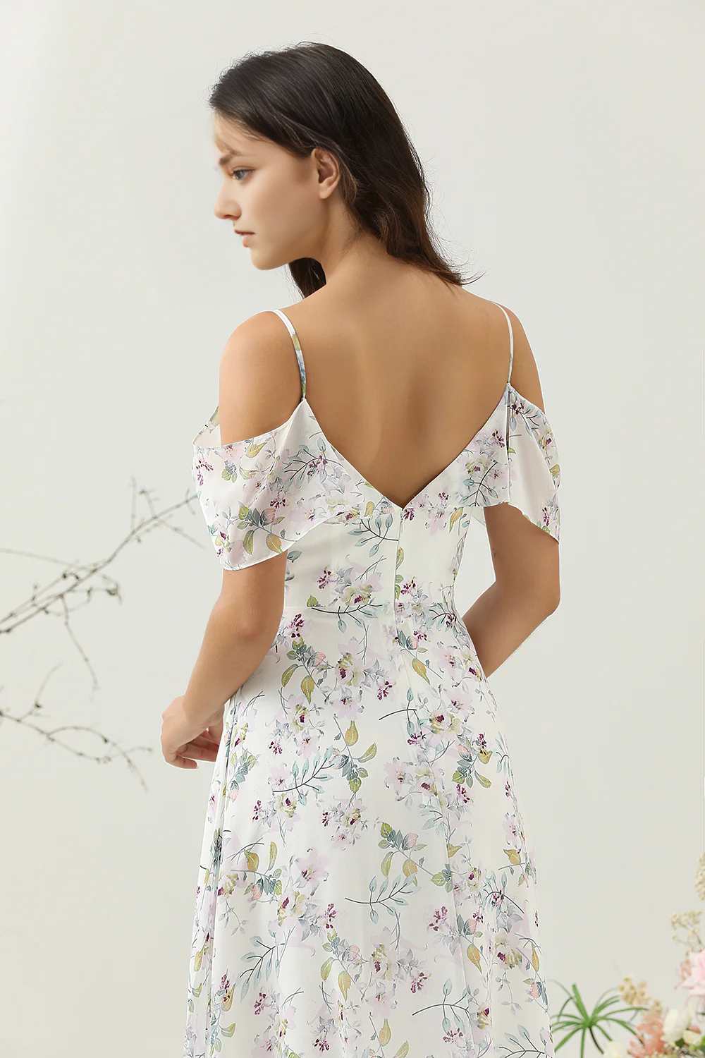 White Purple Flower A Line Cold Shoulder Chiffon Long Bridesmaid Dress