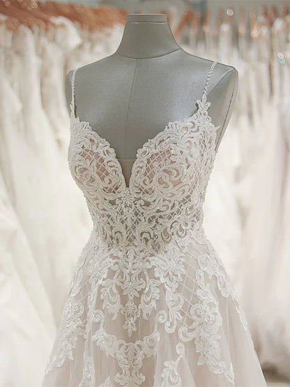 Thin strap V-neck sleeveless backless lace applique wedding dress