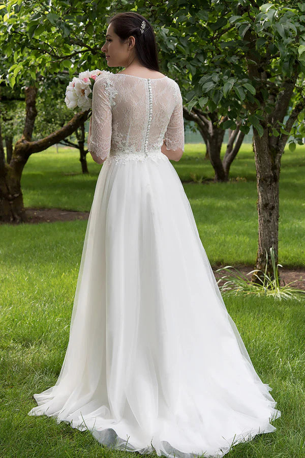 A-line half sleeved lace beach wedding dress