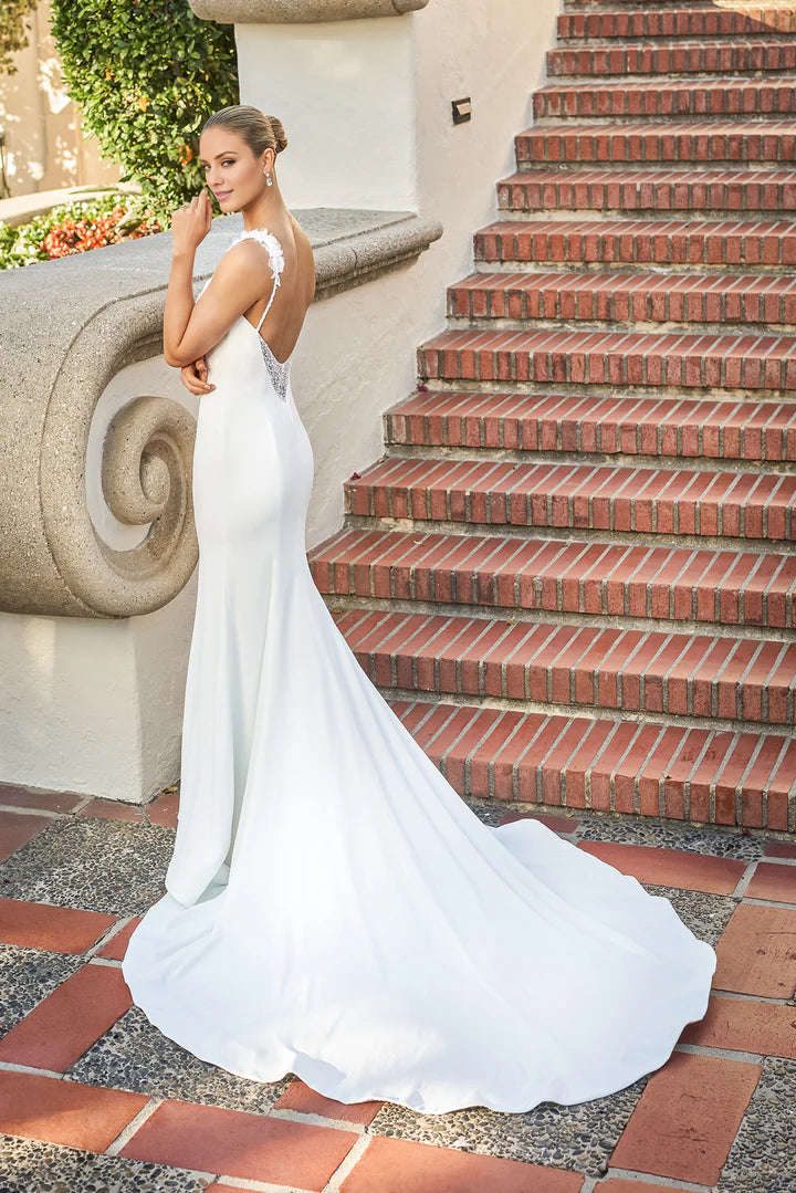 Boat shaped neck thin shoulder strap beaded embroidery lace and floor length wedding dress