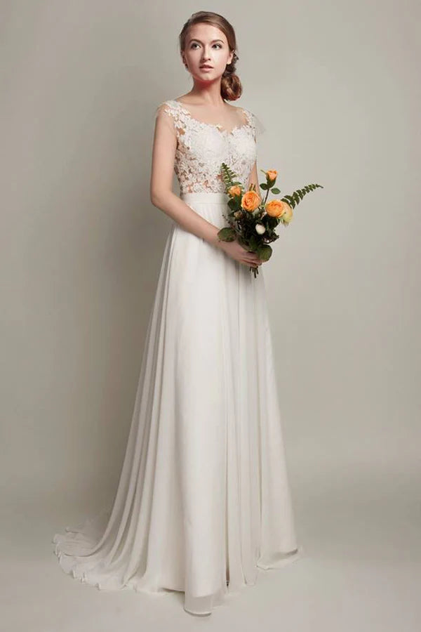 Elegant lace chiffon long A-line sleeveless backless beach wedding dress bride