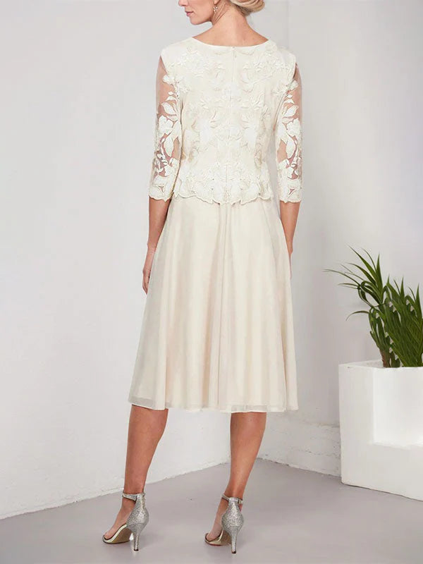 A-line Scoop Tea-Length Lace Chiffon Mother of the Bride Dress With Embroidery