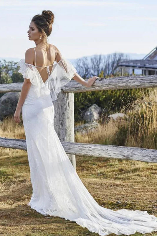White minimalist sleeveless chiffon beach wedding dress