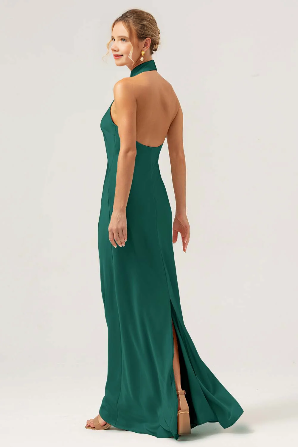 Hanging neck backless long satin bridesmaid dress with slit