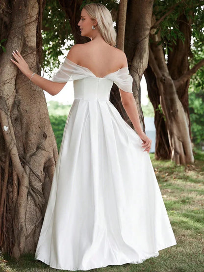 Shoulderless pleated half body satin and floor length wedding dress