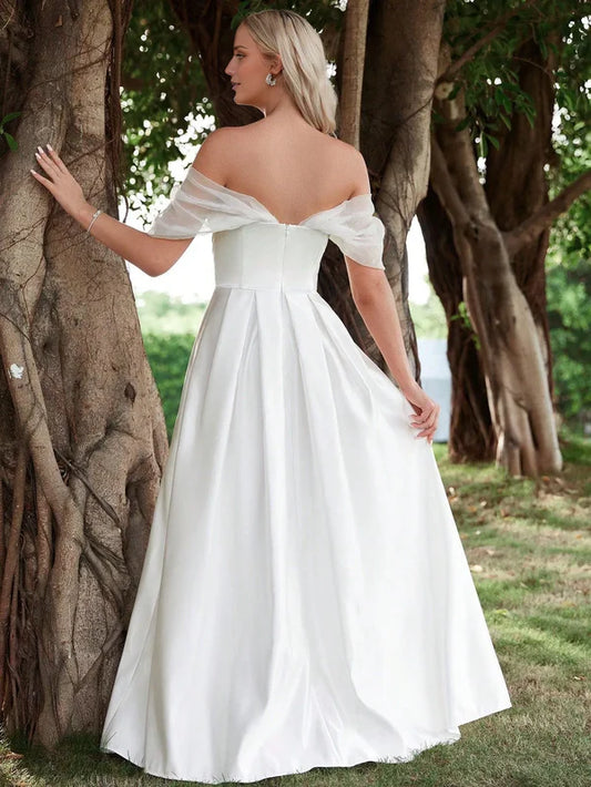 Shoulderless pleated half body satin and floor length wedding dress