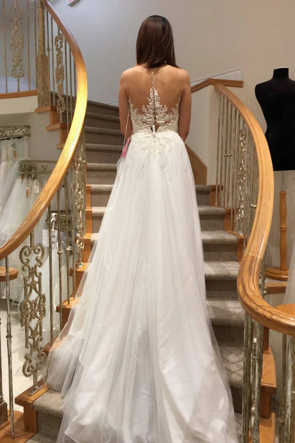 A-line sleeveless chiffon applique beach wedding dress