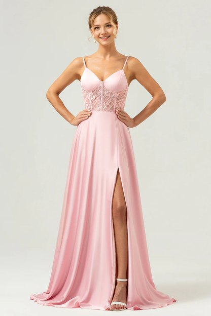 Elegant A-line satin thin shoulder strap tight corset long bridesmaid dress with slit