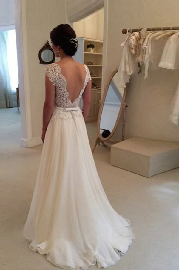 A-line backless chiffon beach wedding dress