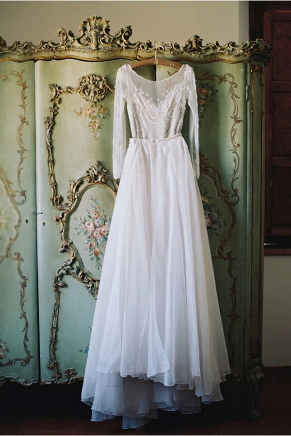 A-line long sleeved embroidered chiffon beach wedding dress