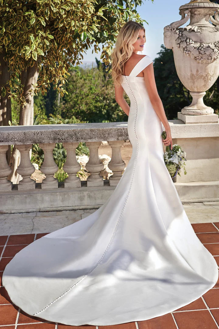 Mermaid asymmetrical neckline satin and floor length wedding dress