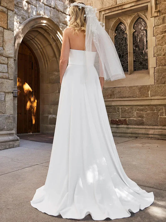 Elegant flower decal slit strapless and floor length wedding dress