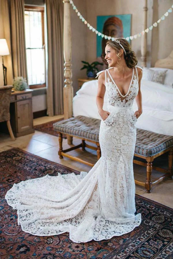 V-neck sleeveless backless lace applique wedding dress
